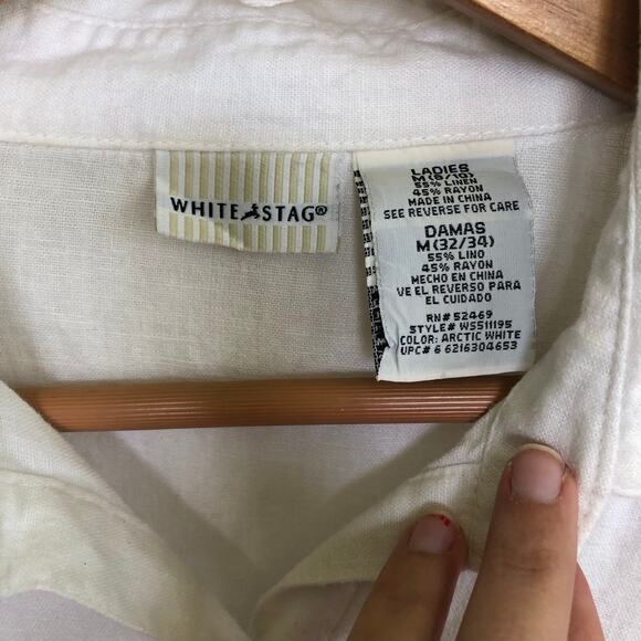 Vintage  90s White Stag Linen‑Rayon Button Front Shirt White M Beach Cottage - Picture 4 of 7